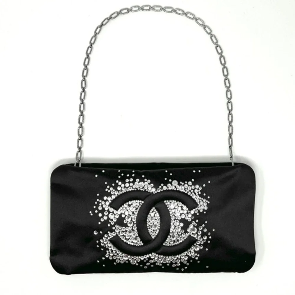 Chanel Black Satin Crystal CC Clutch‎ Chain Shoulder Bag